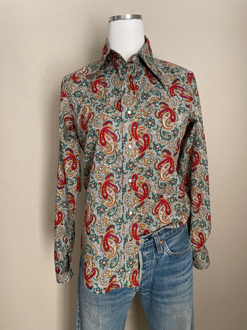 vintage 70s Lee Paisley Western Style Peal Snap Polyester button Down Blouse women's small image 6