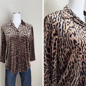Vintage 90s Velvet Velour Cheetah Leopard Three-Quarter Sleeve Animal Print Blouse- medium