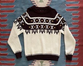 vintage 60s acrylic brown ivory fair ski snow isle  sweater -- men's medium/ large