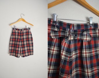 vintage 50s plaid wool shorts / back buckle wool shorts / womens xsmall small