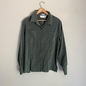 Vintage 90s Olive Green Button-Up Blouse: Stretchy Long Sleeve Shirt, Women&#39;s Large