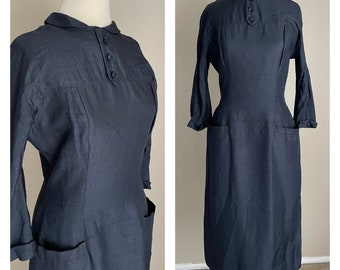 vintage 50s 60s jonathan logan navy textured silk dress- small