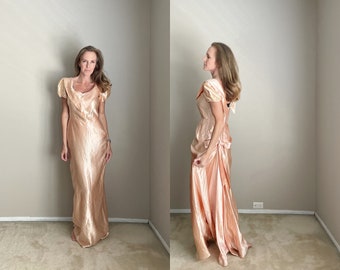 vintage 40s peachy liquid satin maxi gown dress- womens small- 33-26-free- hollywood glam 30s 40s bow bustle draping gown ballgown dress