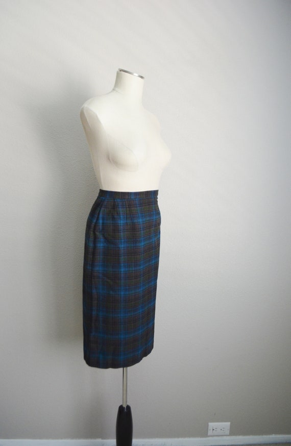 vintage 80s blue green plaid pencil high waisted … - image 9