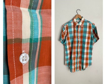 vintage 60s mid century plaid patterned men's button down short sleeve shirt - small /medium