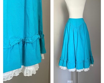 Vintage 80s Turquoise Blue Yoked Prairie Western Full Skirt - xsmall- 23/24