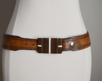 vintage 70s brown stamped belt with mod inlay buckle - unisex vintage belt - size 30 belt - vintage size 29/30/31/32 belt - men’s women’s
