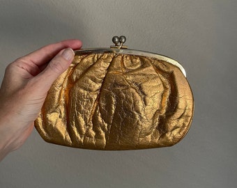vintage 60s MCM mid-century evening bronze gold lame clasp handbag clutch