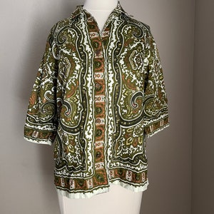 mod mod blouse / vintage paisley olive green 60s mid century modern geometric atomic blouse women's medium image 5