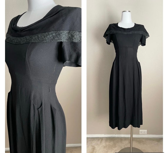 vintage 40s 50s black crepe and lacecocktail eleg… - image 1