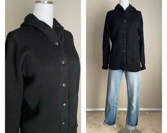 Vintage 70s Black Wool Geister Button Cardigan Sweater - women's medium