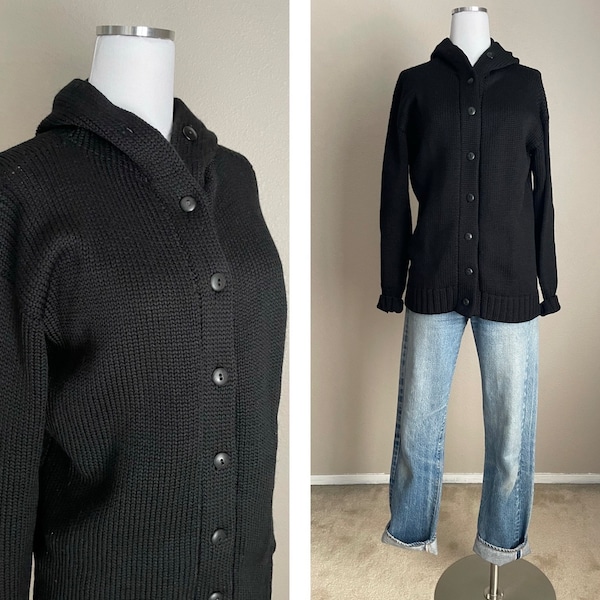 Vintage 70s Black Wool Geister Button Cardigan Sweater - women's medium