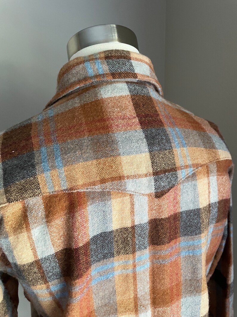 vintage 80s burnt orange brown blue wool plaid pearl snap button down blouse women's medium image 5