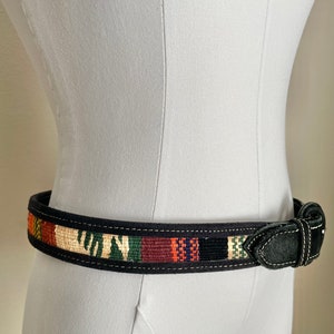 vintage ethnic woven Guatemalan black canvas leather belt colorful belt unisex size 31/32 medium women's image 1