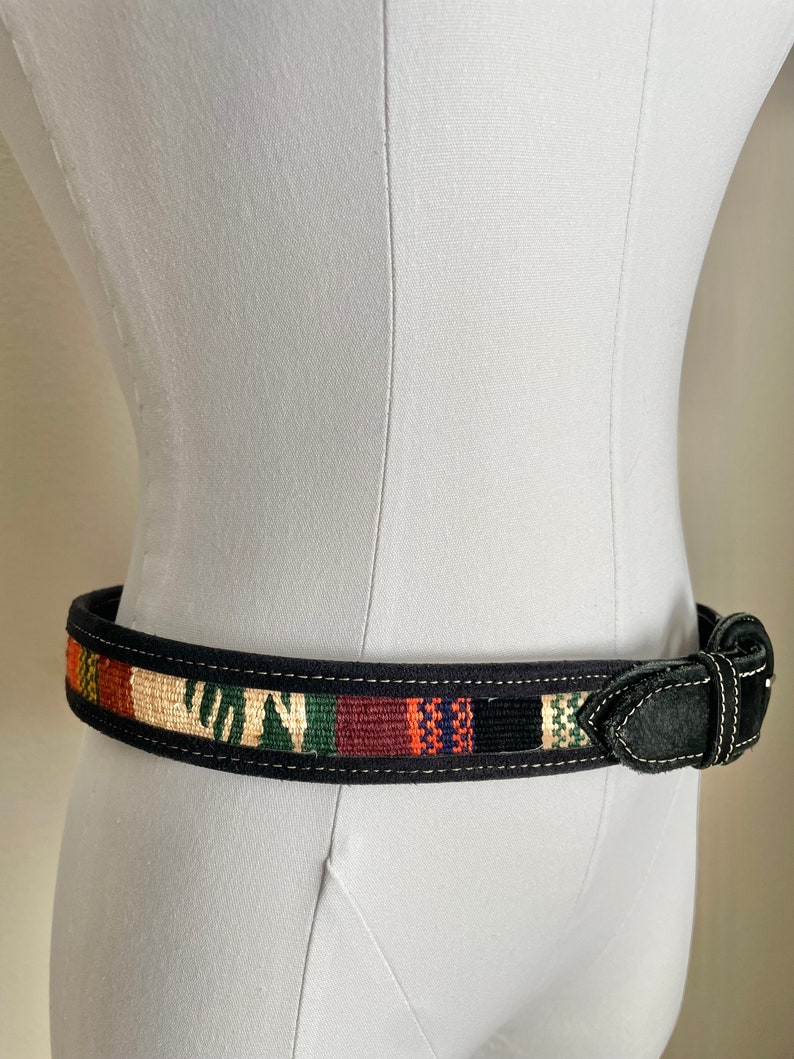 vintage ethnic woven Guatemalan black canvas leather belt colorful belt unisex size 31/32 medium women's image 1