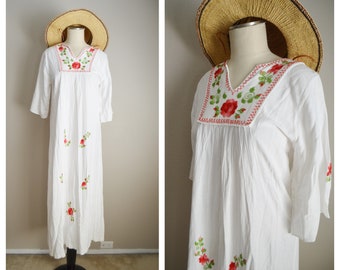 vintage 60s long maxi boho dress embroidered dress / vintage white peasant hippie hand embroidery ethnic patio dress with ties- small