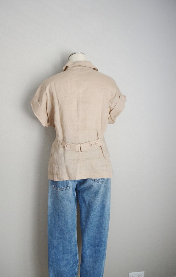 vintage 80s tan linen short sleeve safari  blouse… - image 7