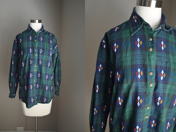 Buy Vintage 80s 90s Green Blue Native Pattern Flannel Long Sleeve 
