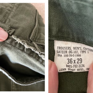 Vintage 1970 Unisex Olive Drab Utility Fatigues Military Trouser 32x27 OG 107 31/32 Fatigues image 9