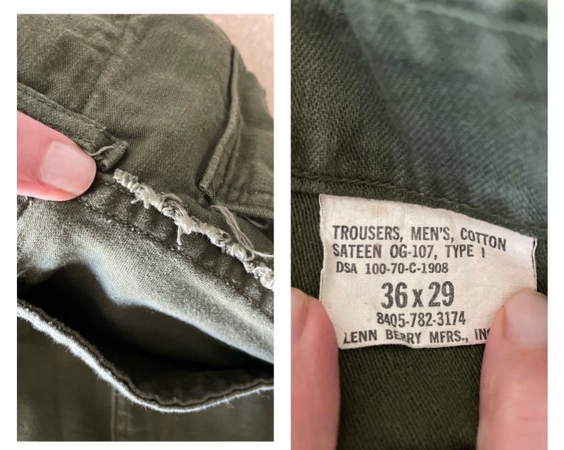 Vintage 1970 Unisex Olive Drab Utility Fatigues Military Trouser 32x27 OG 107 31/32 Fatigues image 9