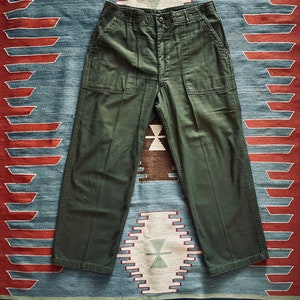 Vintage 1970 Unisex Olive Drab Utility Fatigues Military Trouser 32x27 OG 107 31/32 Fatigues image 1