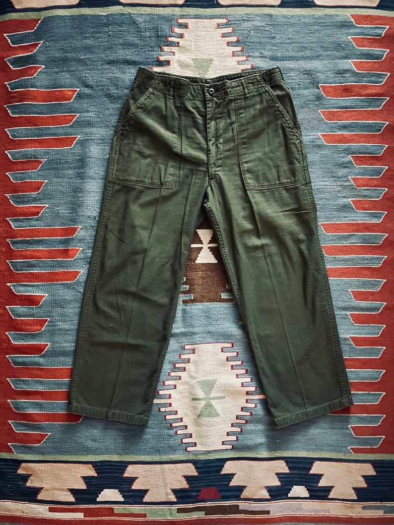 Vintage 1970 Unisex Olive Drab Utility Fatigues Military Trouser 32x27 OG 107 31/32 Fatigues image 1