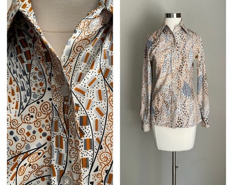 vintage 60s 70s groovy patterned polyester blouse - women's small