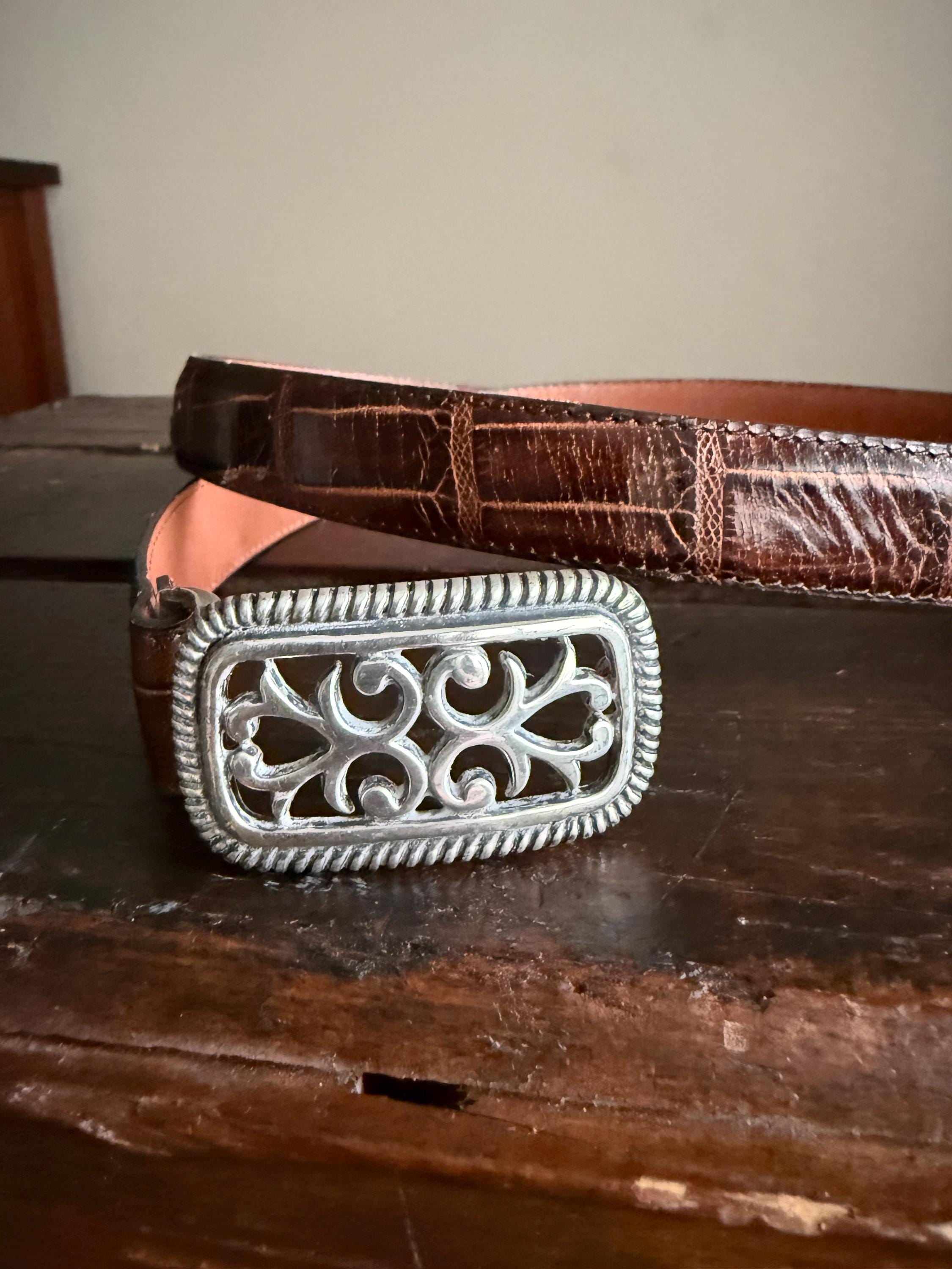 Vintage 90s Brown Leather Brighton Crocodile Calf Skin Belt  display picture 2