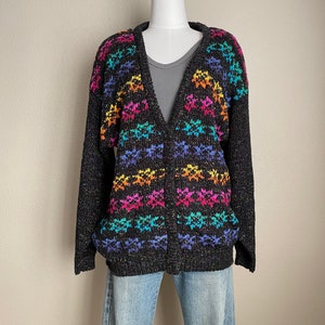 vintage 90s mervyn&#39;s partners rainbow striped fair isle cardigan - deadstock women&#39;s large
