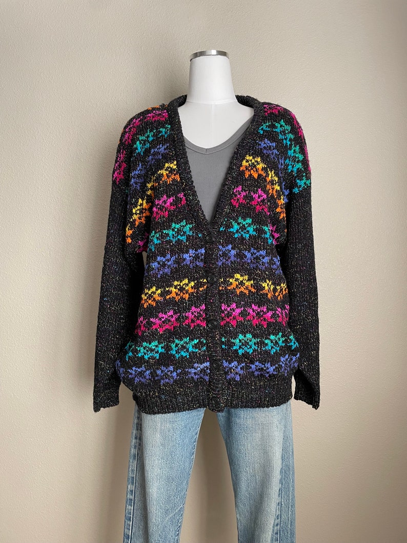 vintage 80s 90s mervyn's partners rainbow striped fair isle cardigan deadstock women's large image 8