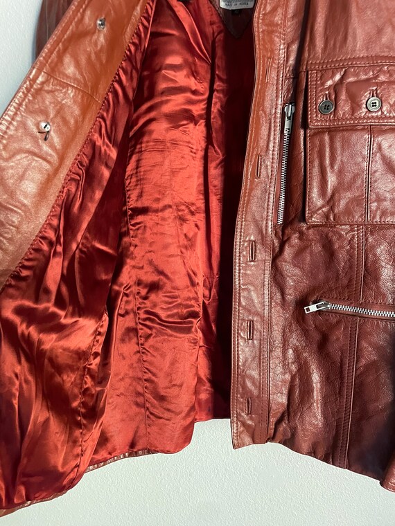 Vintage 70s Burnt Orange Brown Leather jacket -me… - image 8