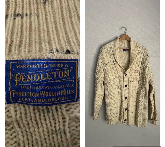 PerennialVintageShop Vintage 60s Heather Oatmeal Shawl Neck Cardigan Pendleton Sweater Men s Medium Unisex