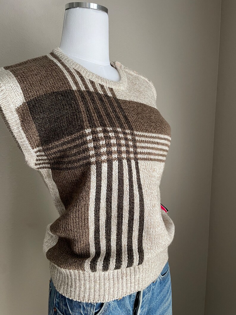 Vintage 80s Tam-Jay Brown Beige Striped Sweater Vest Deadstock women's small image 4