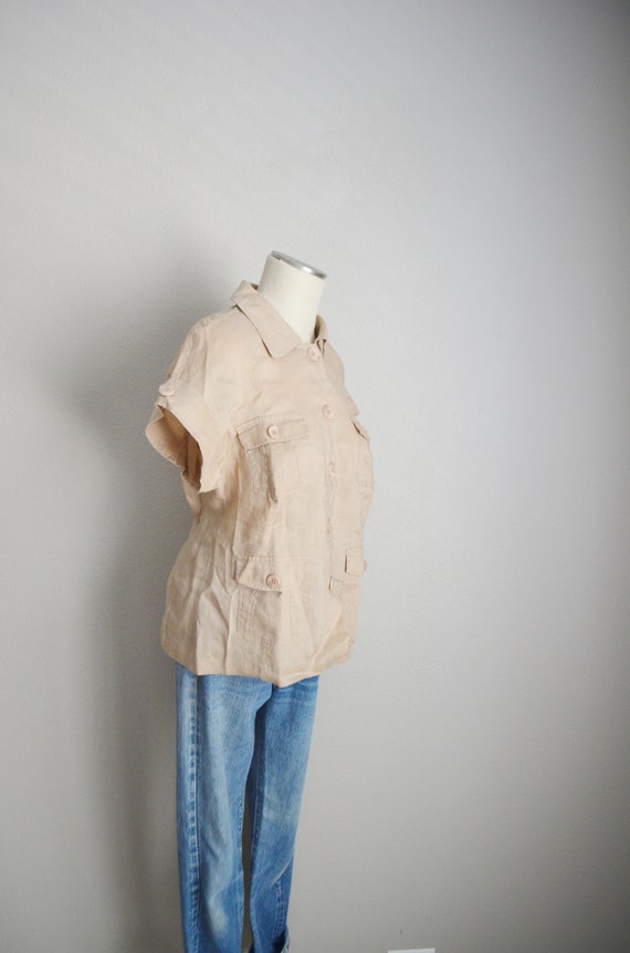 vintage 80s tan linen short sleeve safari  blouse… - image 5