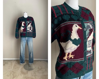 vintage 90s Wool Goose and Home Cottagecore Spruce Green Cardigan Sweater - small