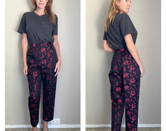 vintage 60s Lord & Taylor Capri Floral Pink Black Satin High-waisted cropped pants - 25x25- xsmall
