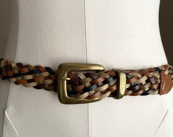 vintage brown blue burgundy colorful braided leather belt - medium / large - size 32-34