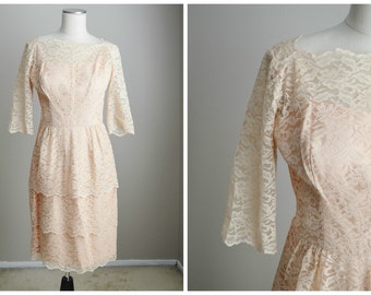 pale pink lace peplum dress / vintage 50s lace dress - small / medium