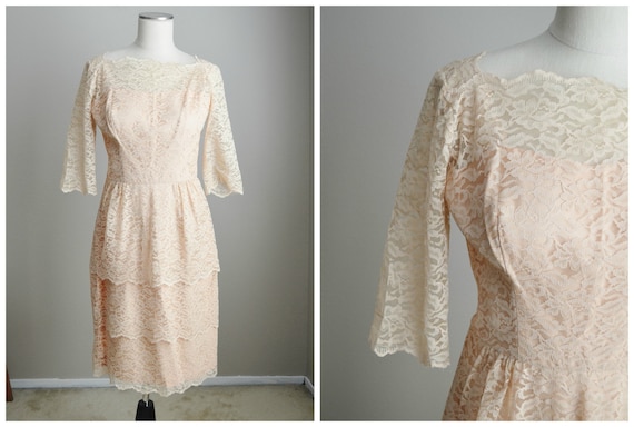 pale pink lace peplum dress / vintage 50s lace dr… - image 1