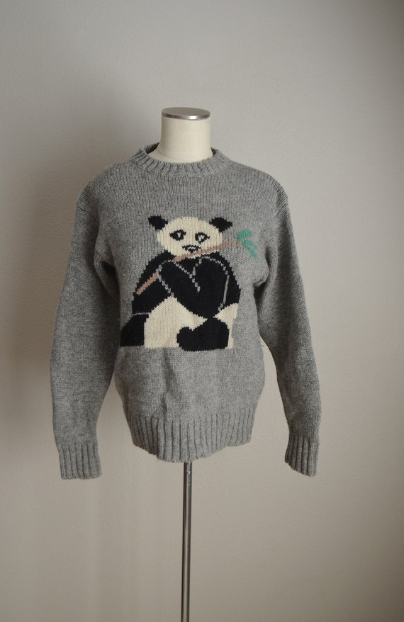 vintage 80s gray wool panda novelty sweater - wom… - image 2