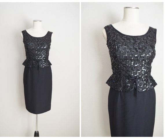 60s black cocktail sequin peplum holiday dress / … - image 1