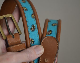 vintage 80s turquoise and brown fabric and leather gucci skinny belt - unisex 95cm / 36 belt