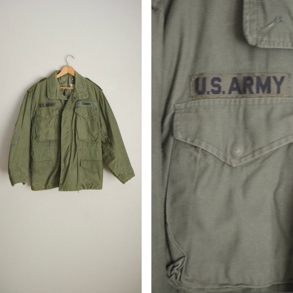 vintage 70s/80s m65 military jacket field jacket olive green drab coat with hood -- men's small short