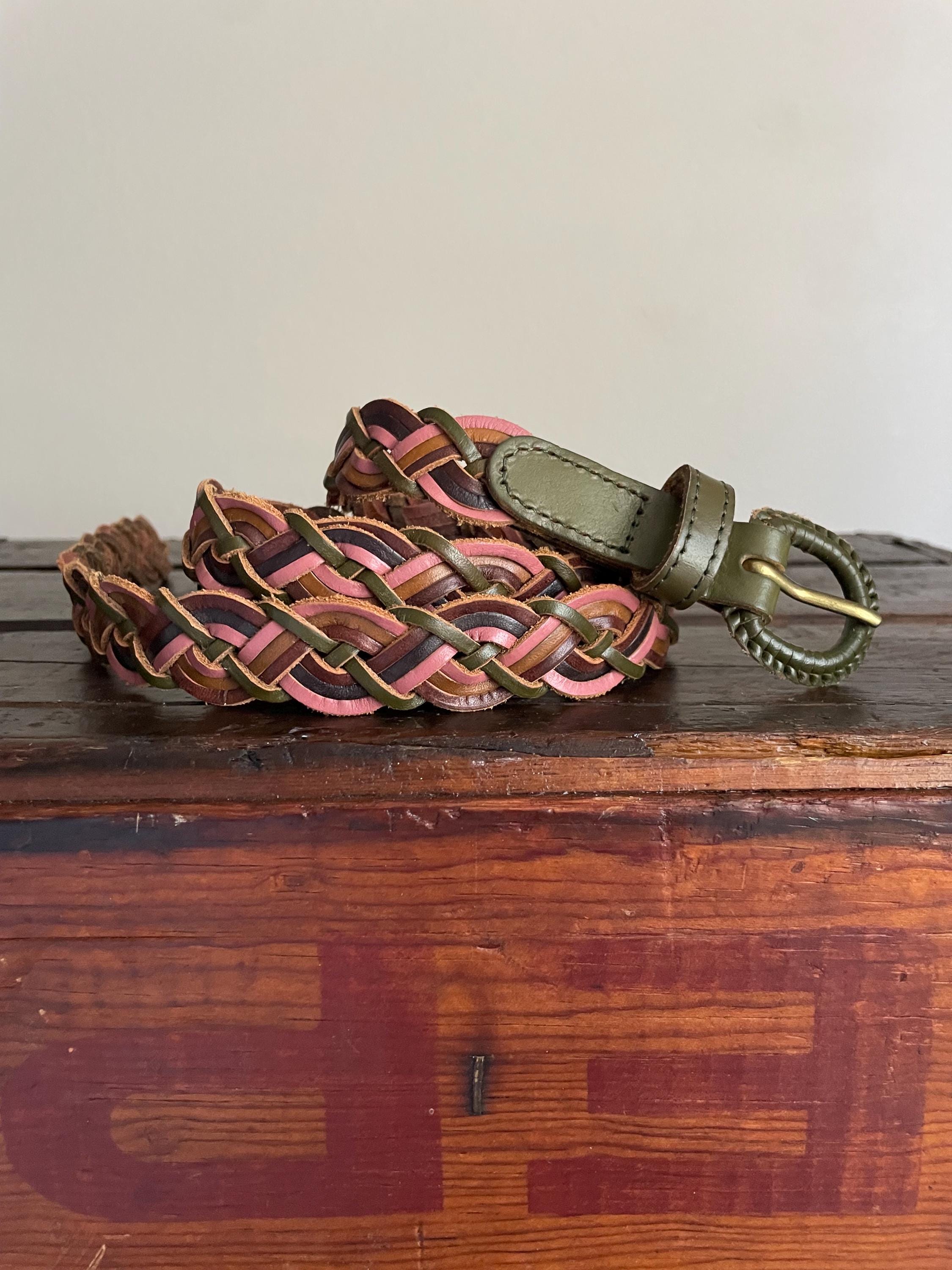 Vintage 90s Brown Olive Green Pink Braided Belt - Women