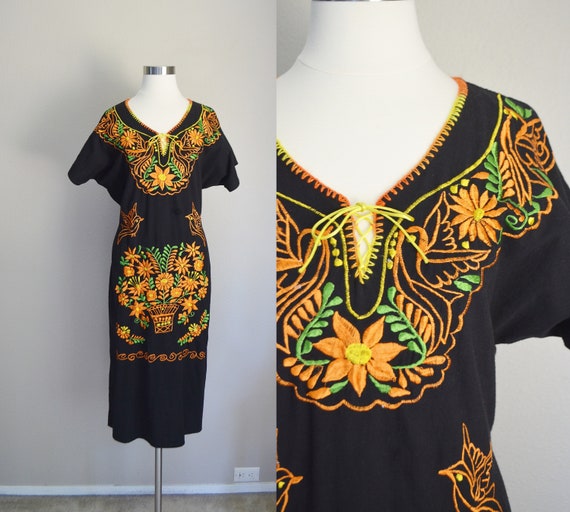 vintage embroidered dress / black and orange peas… - image 1