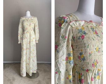 70s Pastel Yellow Floral Prairie Dress: Bohemian Smocked Gauze Maxi