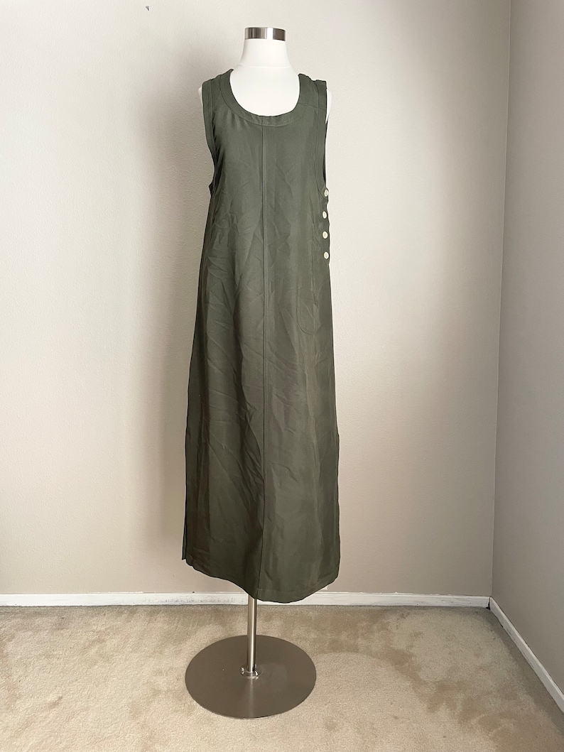 vintage green maxi dress / dark olive maxi sleeveless market dress small image 3