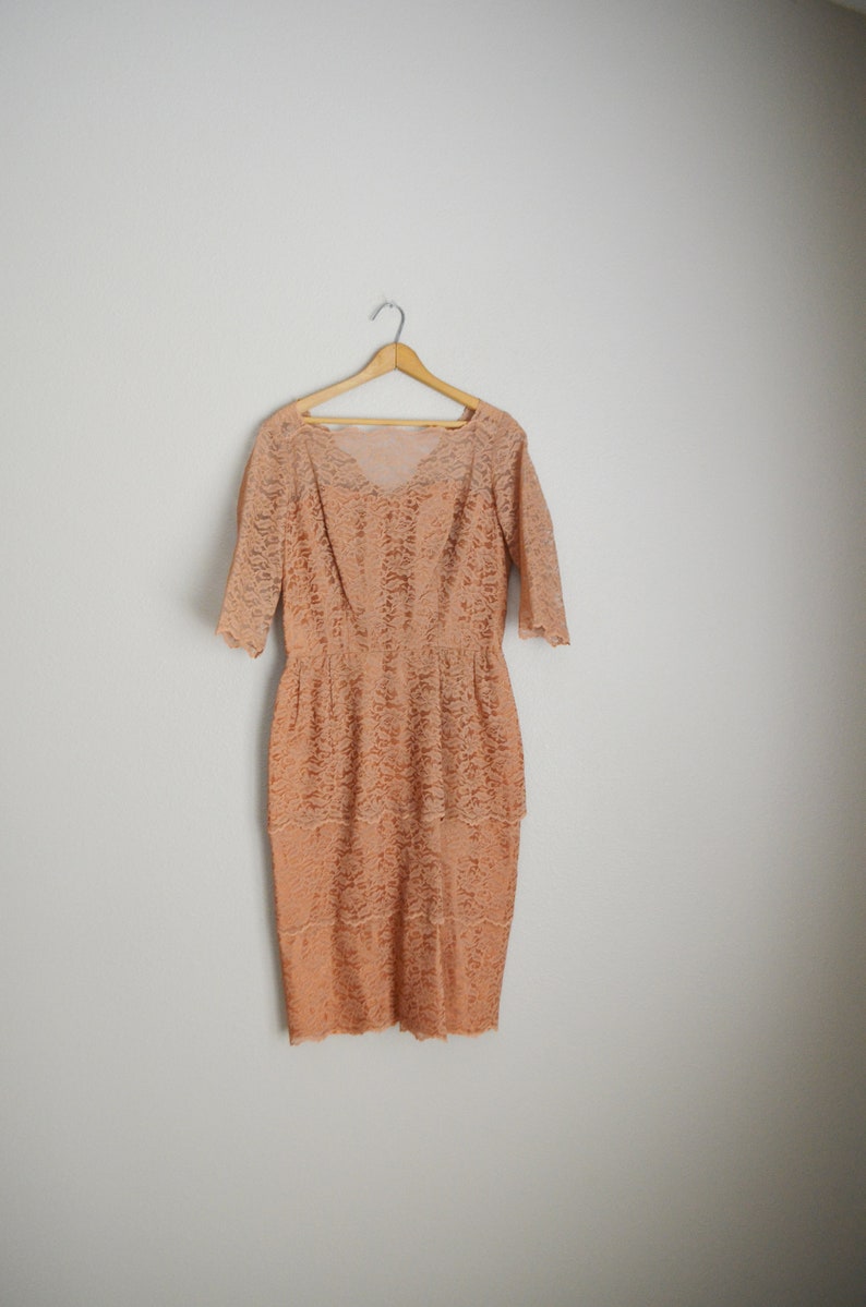 vintage 1960s rose tan nude lace 60s mid century tiered wiggle dress- medium