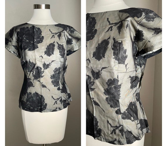 vintage 40s 50s black floral blouse -- womens xsm… - image 1