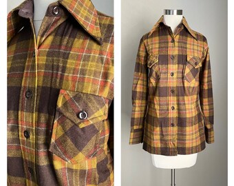 vintage 70s brown yellow orange wool plaid button-down Lim's blouse - women's medium